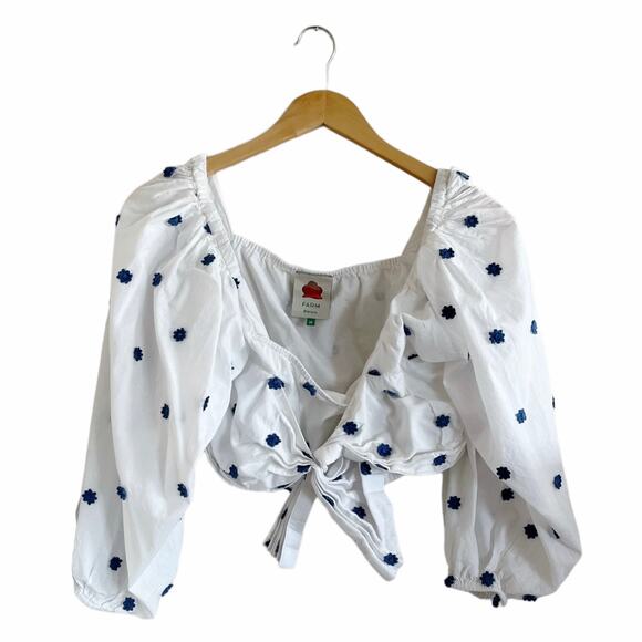 FARM RIO White Floral Embroidered Crop Top Blouse Cotton Puff Sleeve Medium EUC - Picture 9 of 9